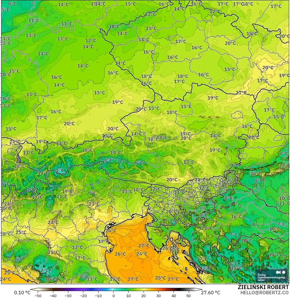 ALADIN CZ 2.3 km modelo - Austria, Punto de rocío a 2 m