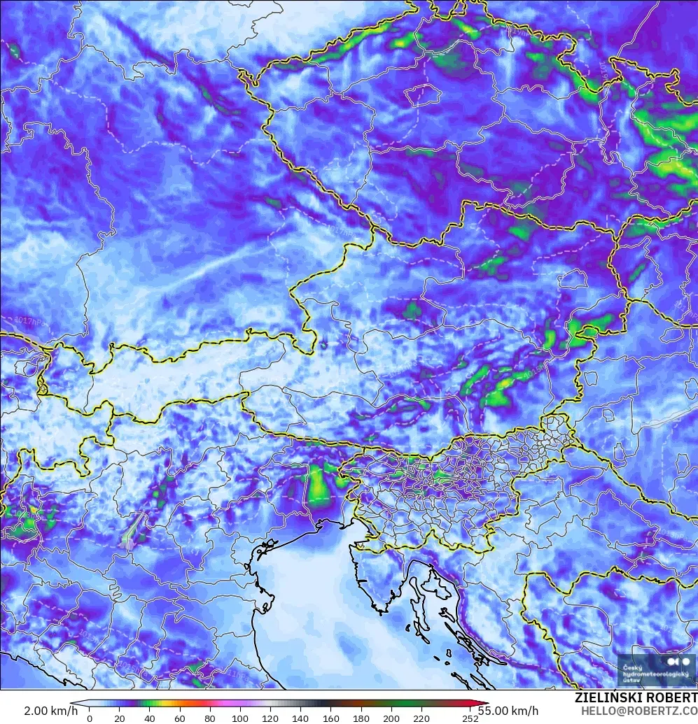 ALADIN CZ 2.3 km modelo - Austria, Ráfagas de Viento Máximas