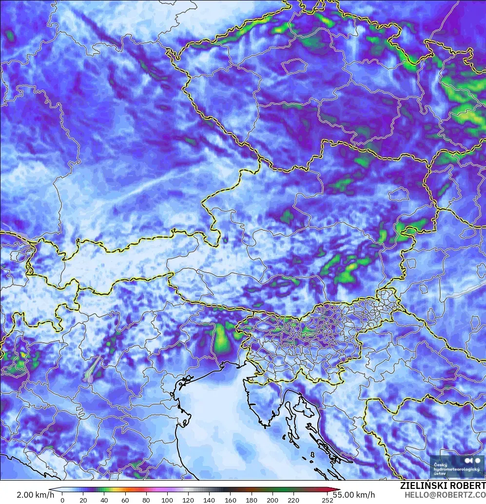 ALADIN CZ 2.3 km modelo - Austria, Ráfagas de viento