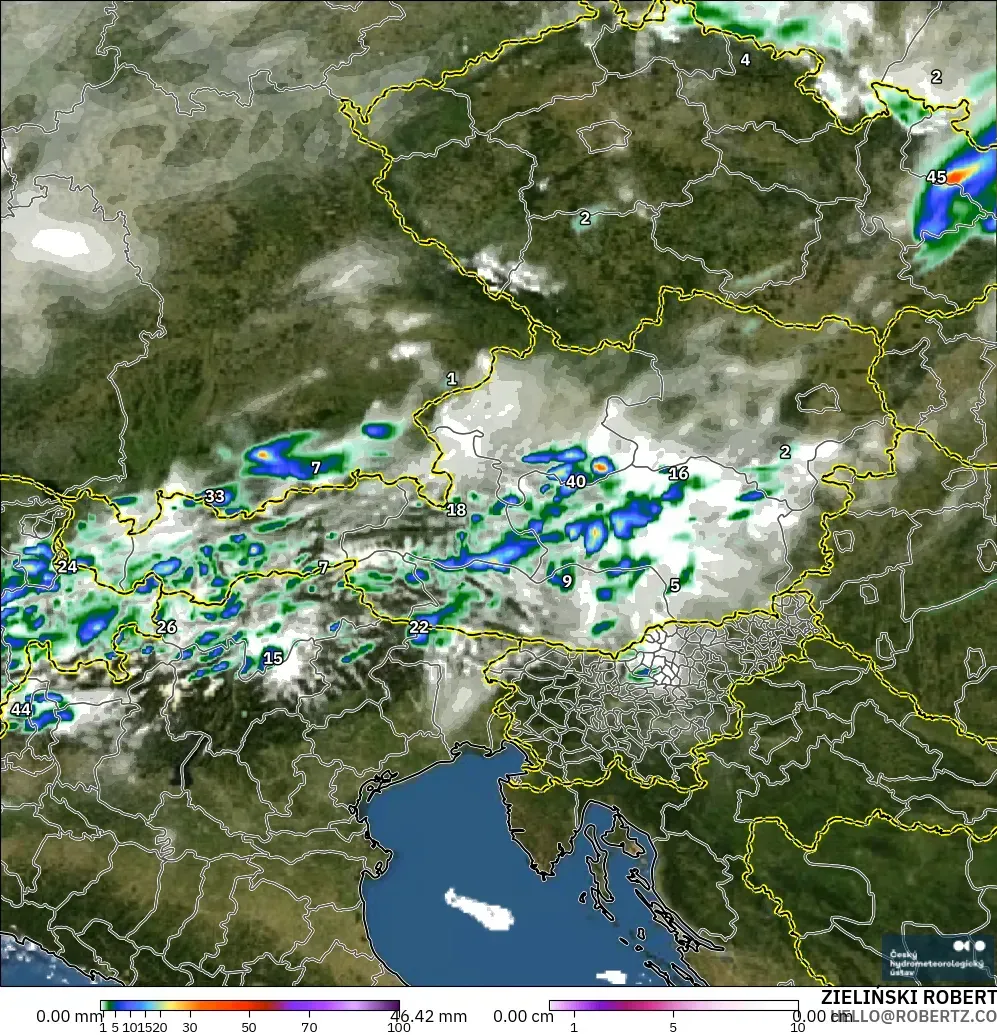 ALADIN CZ 2.3 km modelo - Austria, Precipitación, nubes y presión