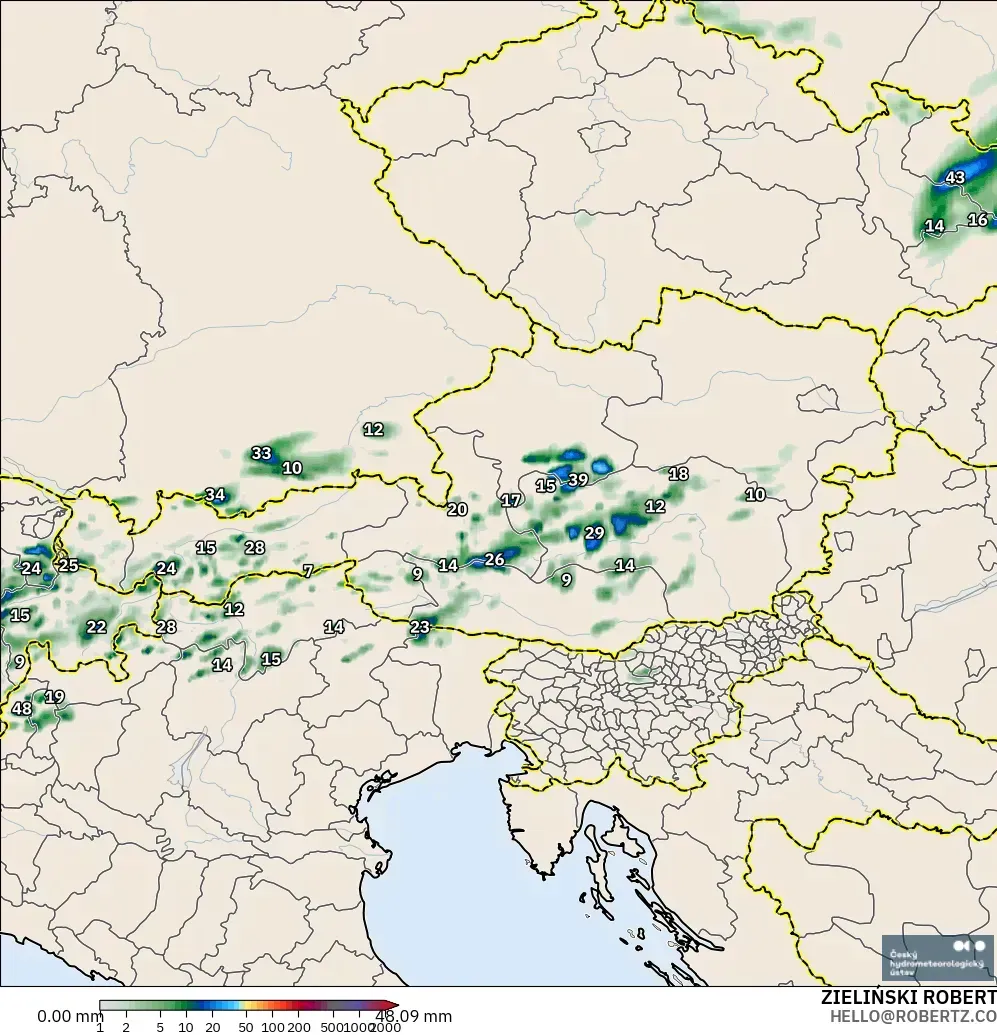 ALADIN CZ 2.3 km modelo - Austria, Acumulación de precipitación