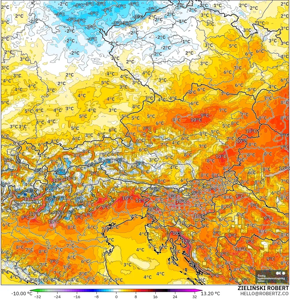 ALADIN CZ 2.3 km modelo - Austria, Anomalía de temperatura a 2 m