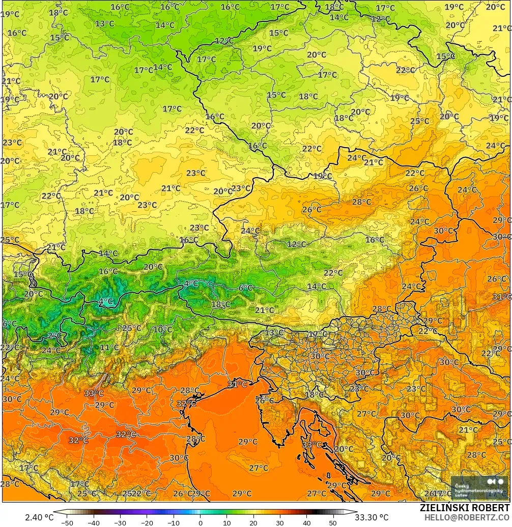 ALADIN CZ 2.3 km modelo - Austria, Temperatura a 2 m