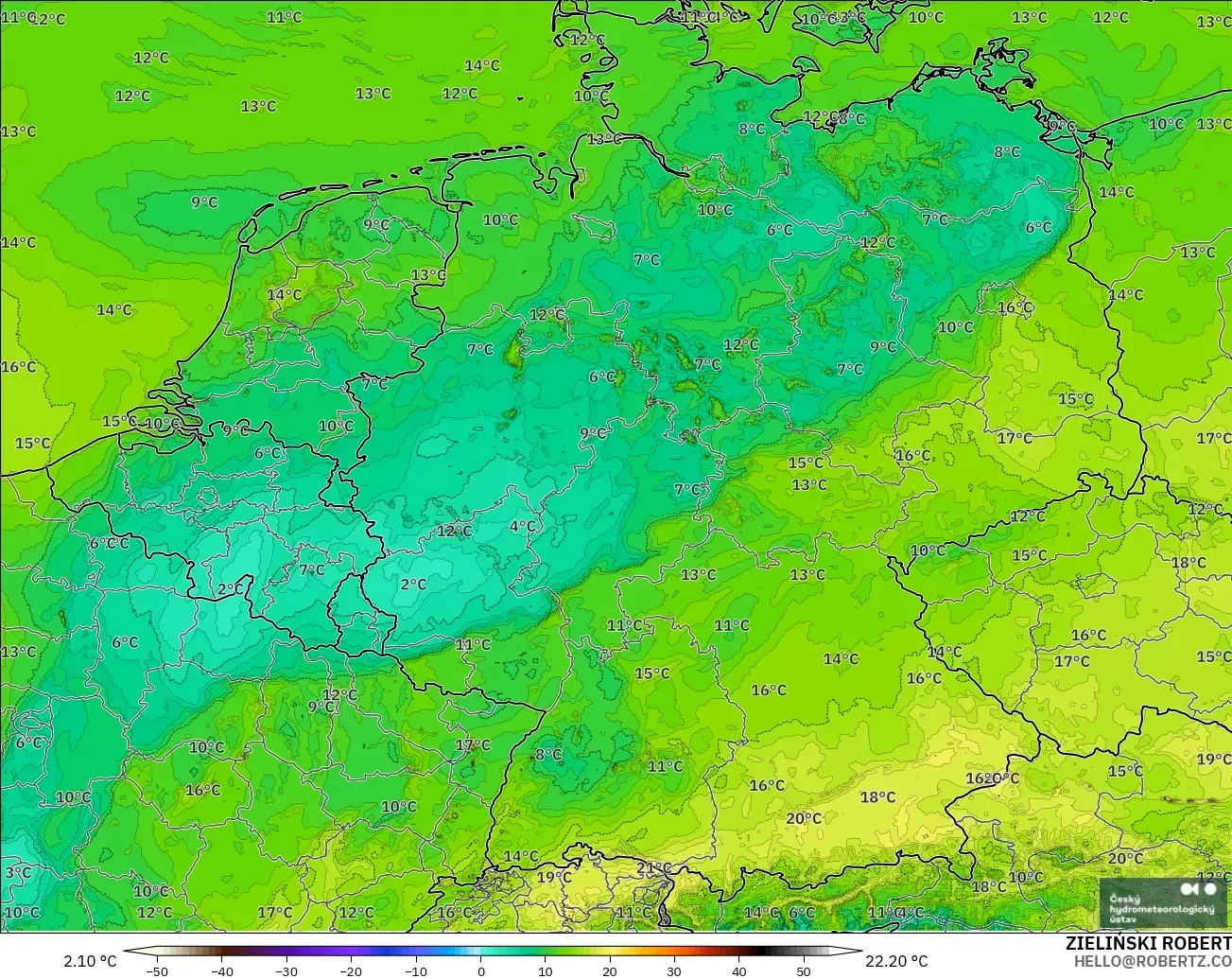ALADIN CZ 2.3 km modelo - Alemania, Punto de rocío a 2 m