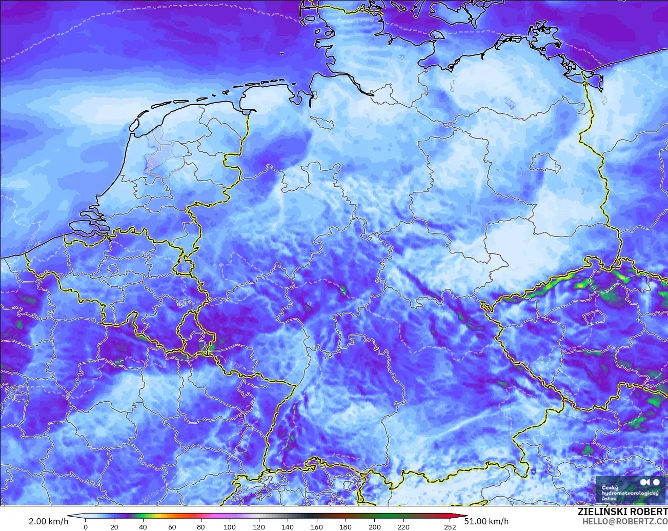 ALADIN CZ 2.3 km modelo - Alemania, Ráfagas de Viento Máximas