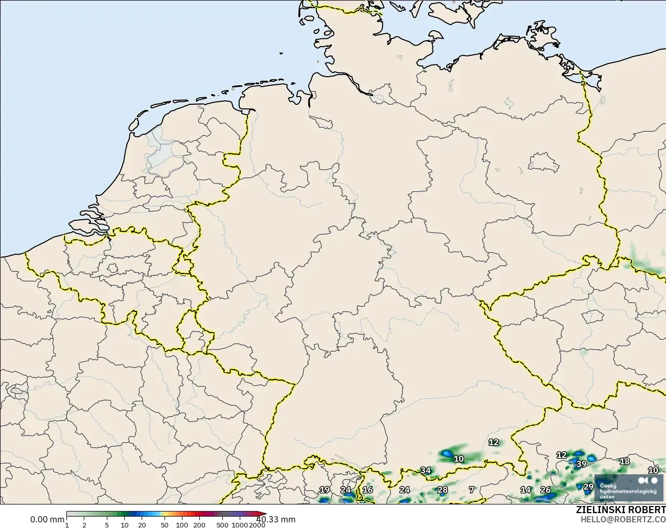 ALADIN CZ 2.3 km modelo - Alemania, Acumulación de precipitación