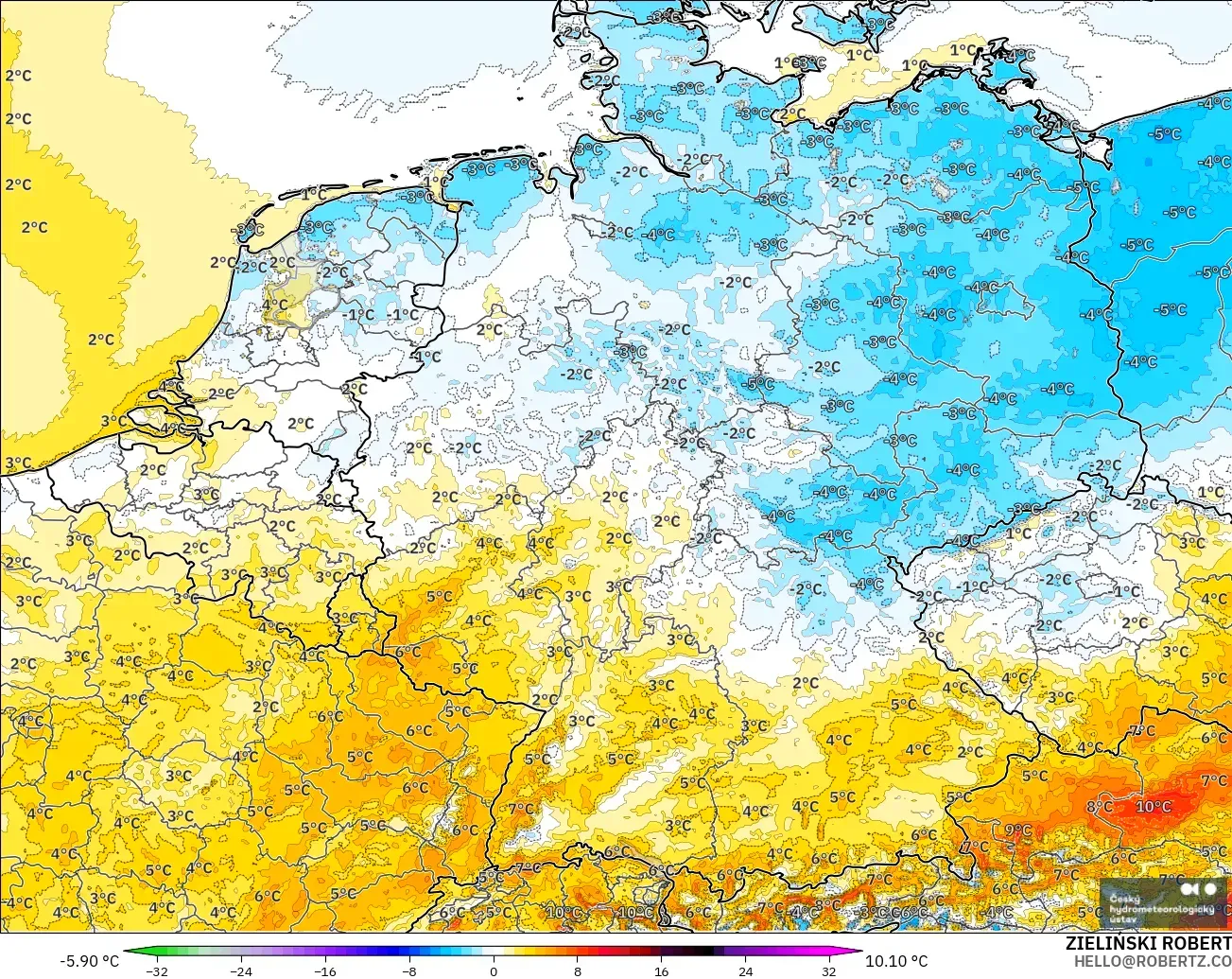 ALADIN CZ 2.3 km modelo - Alemania, Anomalía de temperatura a 2 m
