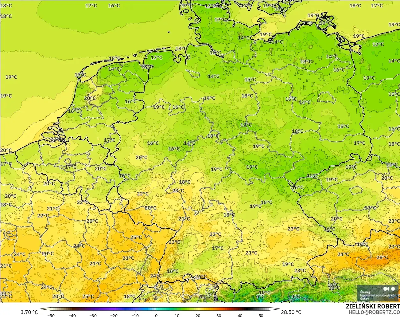 ALADIN CZ 2.3 km modelo - Alemania, Temperatura a 2 m