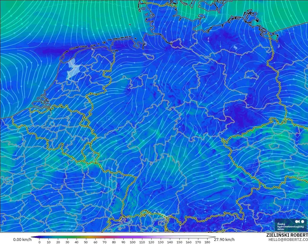 ALADIN CZ 2.3 km modelo - Alemania, Viento a 10 m