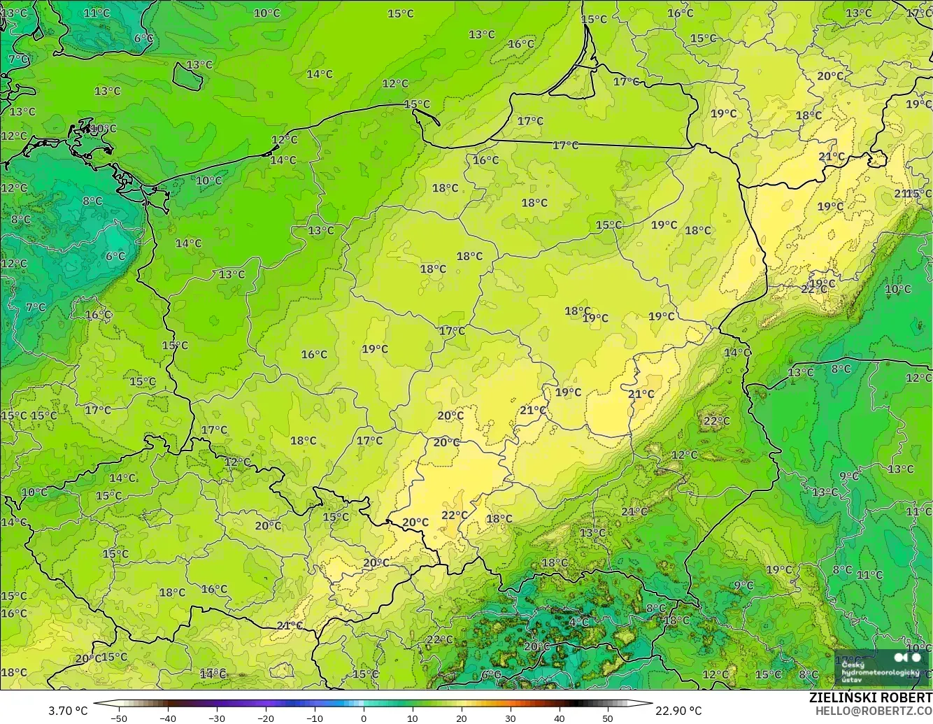 ALADIN CZ 2.3 km modelo - Polonia, Punto de rocío a 2 m