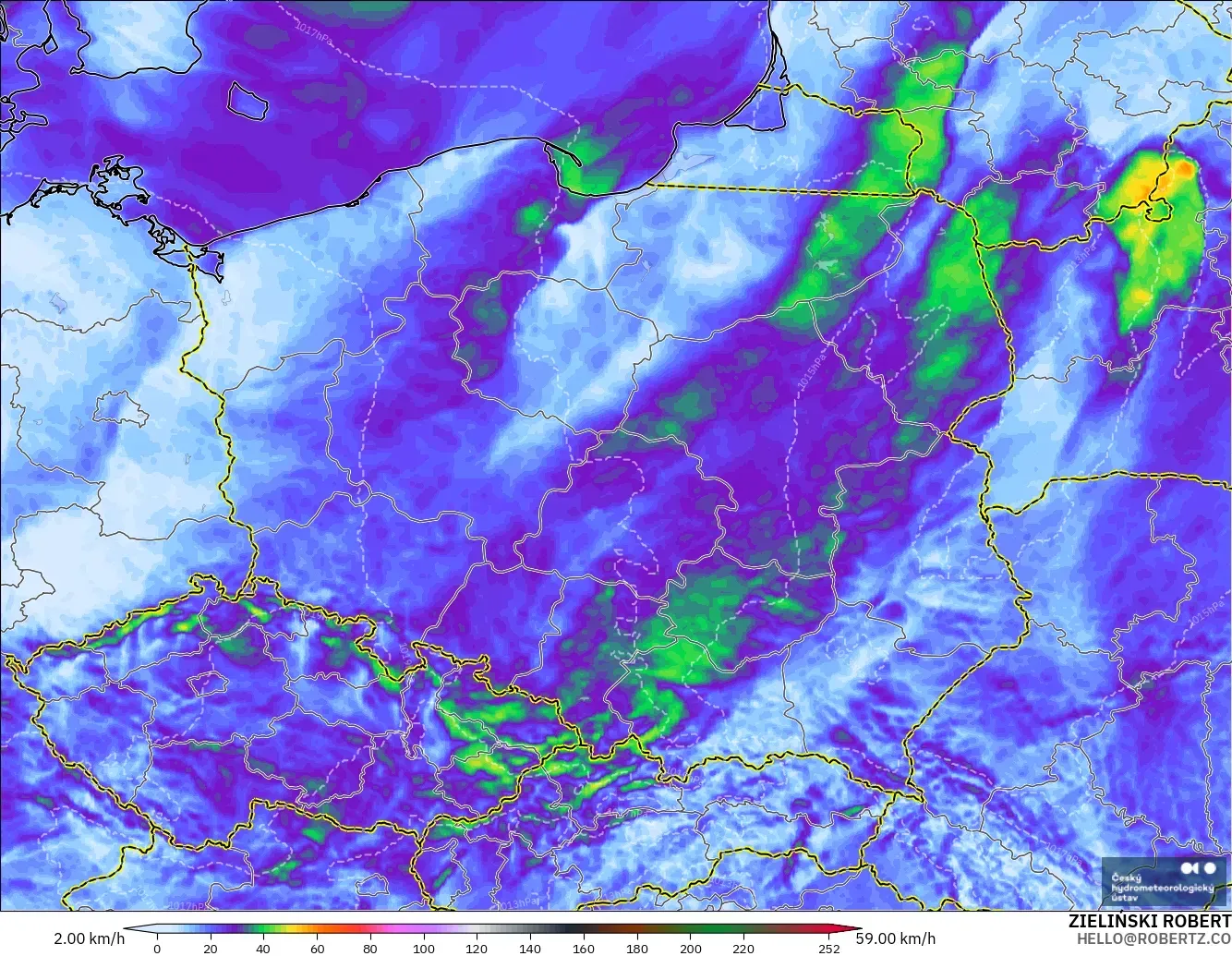 ALADIN CZ 2.3 km modelo - Polonia, Ráfagas de Viento Máximas