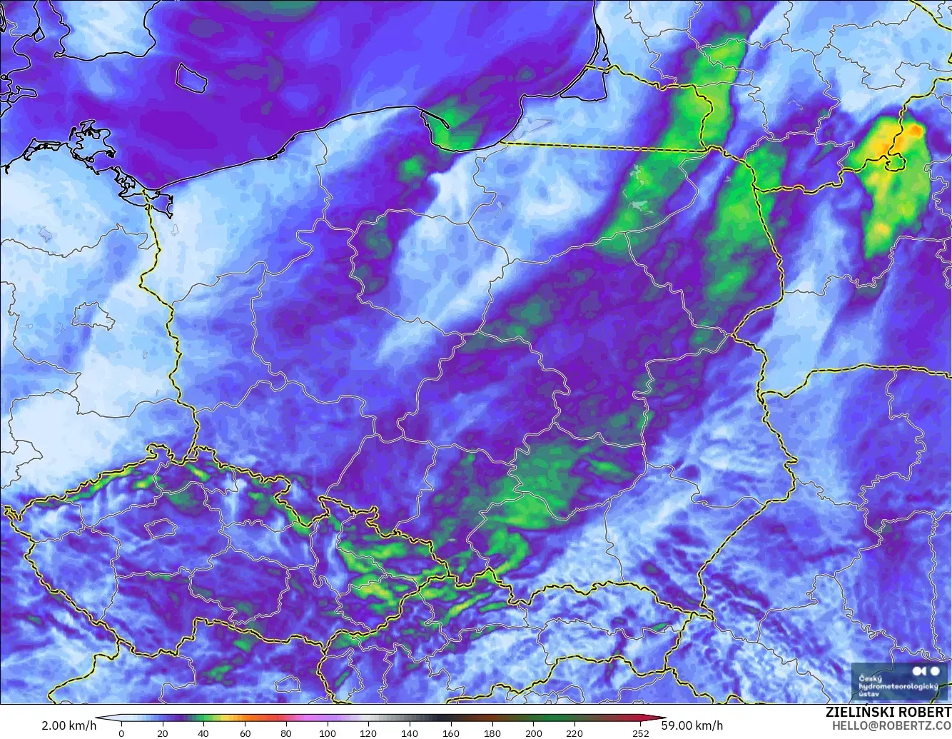 ALADIN CZ 2.3 km modelo - Polonia, Ráfagas de viento