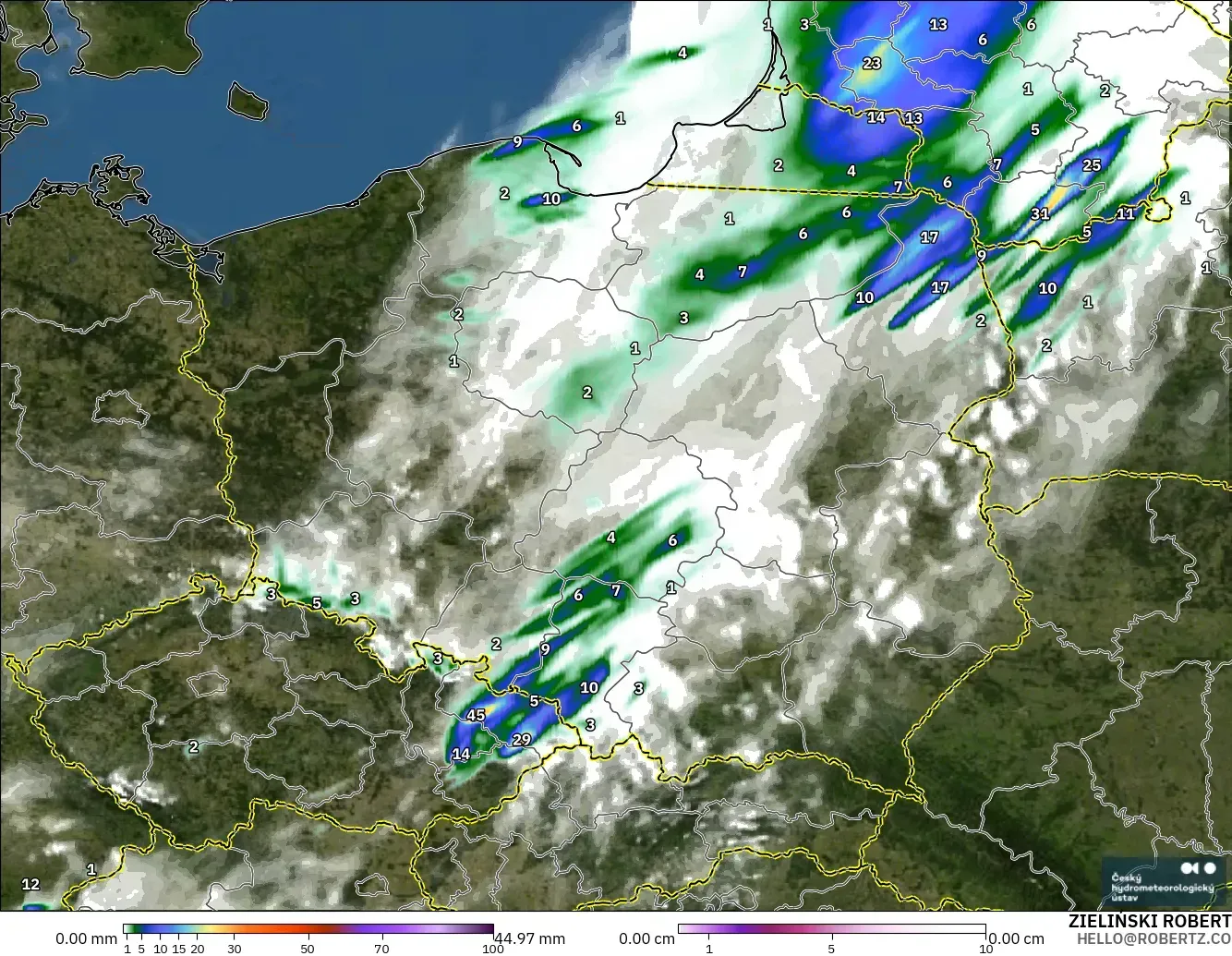 ALADIN CZ 2.3 km modelo - Polonia, Precipitación, nubes y presión