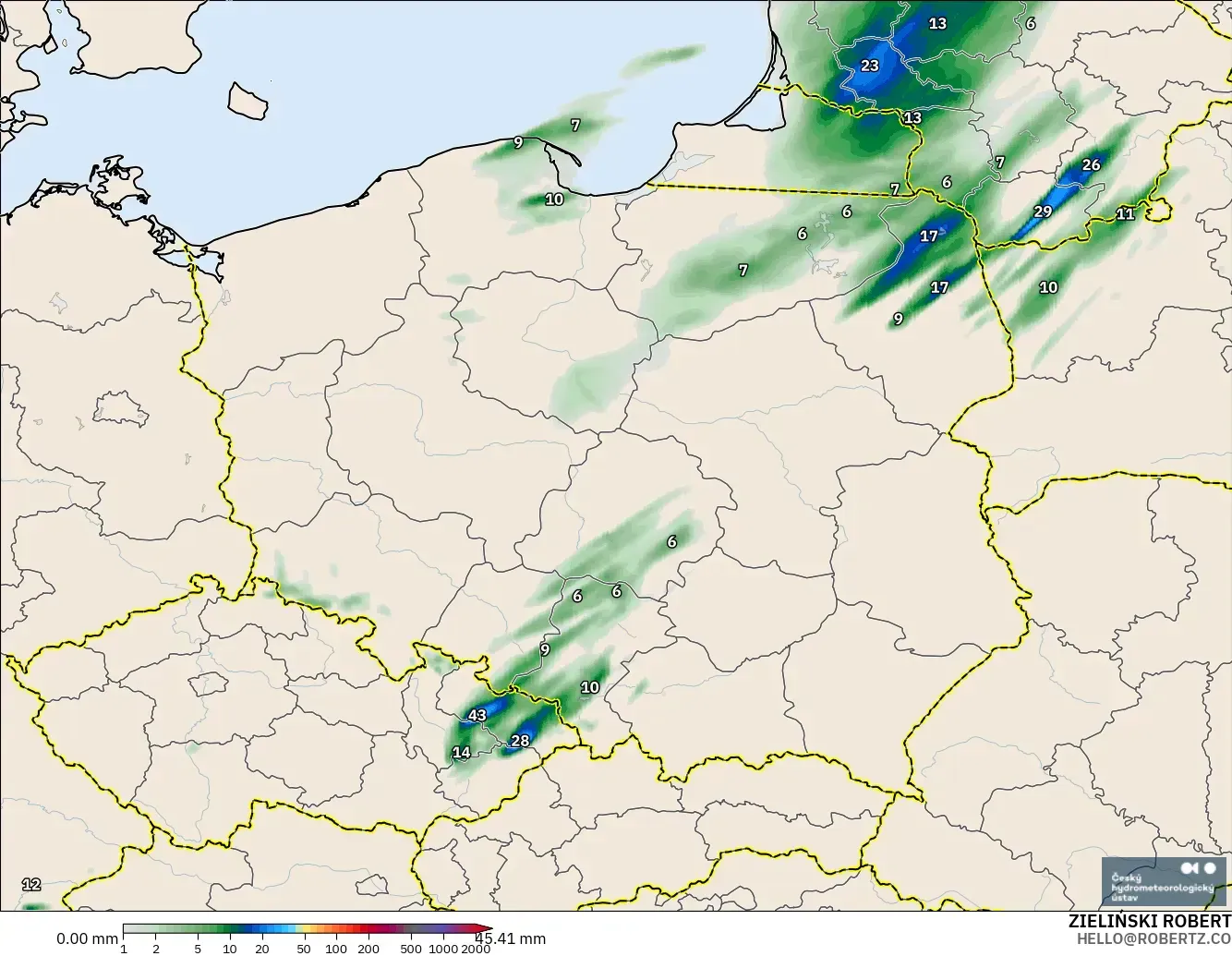 ALADIN CZ 2.3 km modelo - Polonia, Acumulación de precipitación