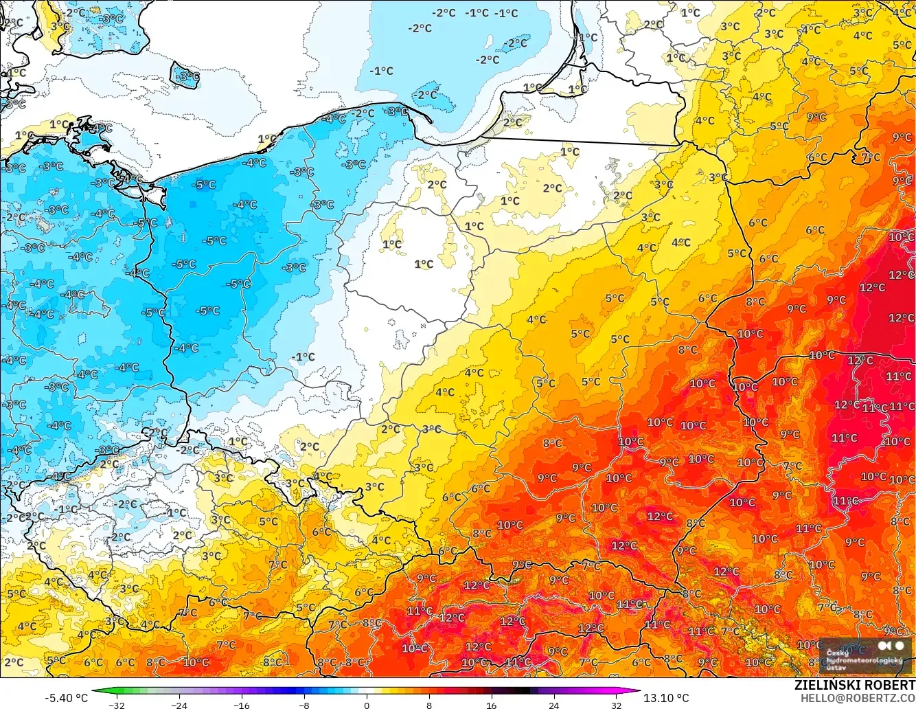ALADIN CZ 2.3 km modelo - Polonia, Anomalía de temperatura a 2 m