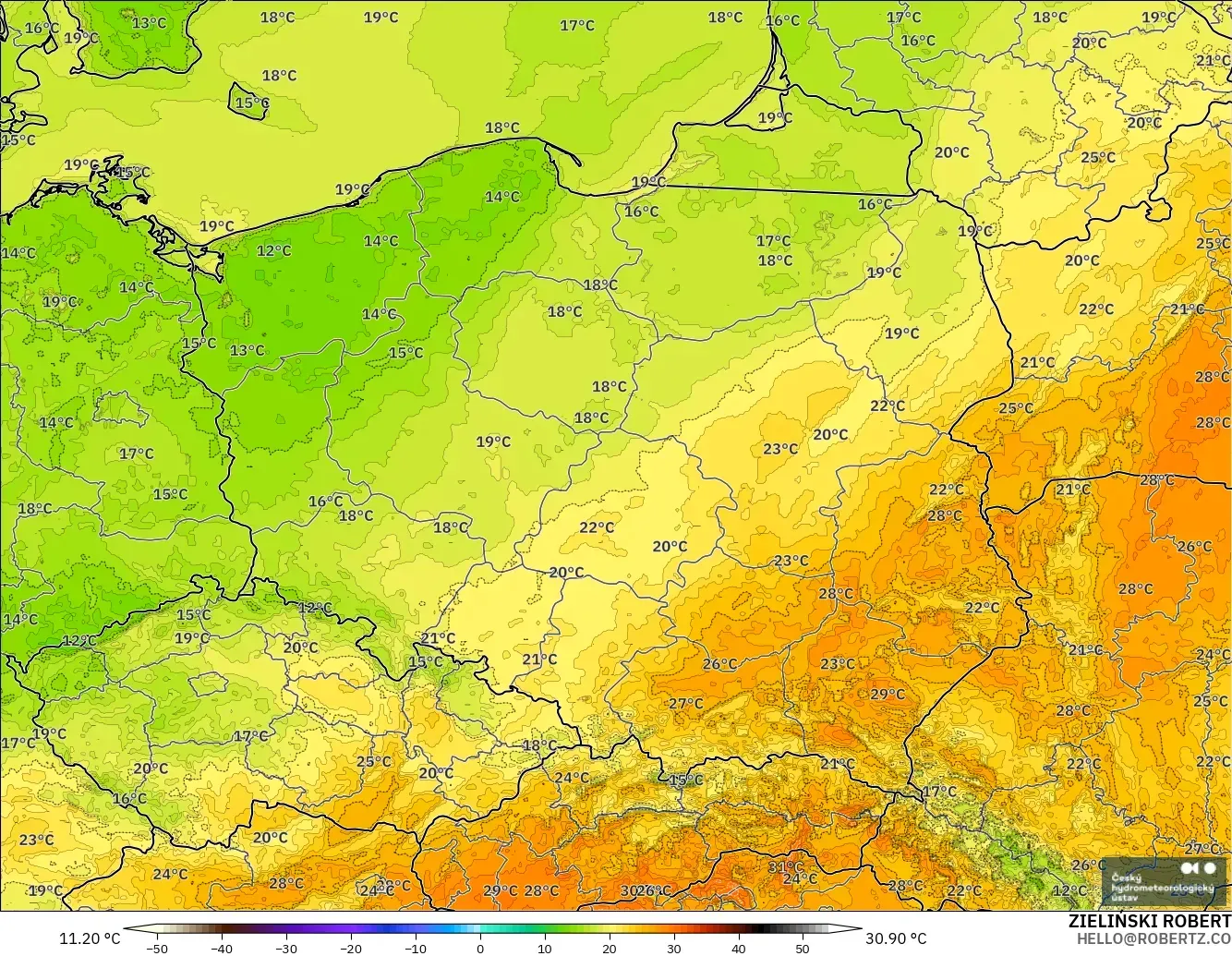 ALADIN CZ 2.3 km modelo - Polonia, Temperatura a 2 m