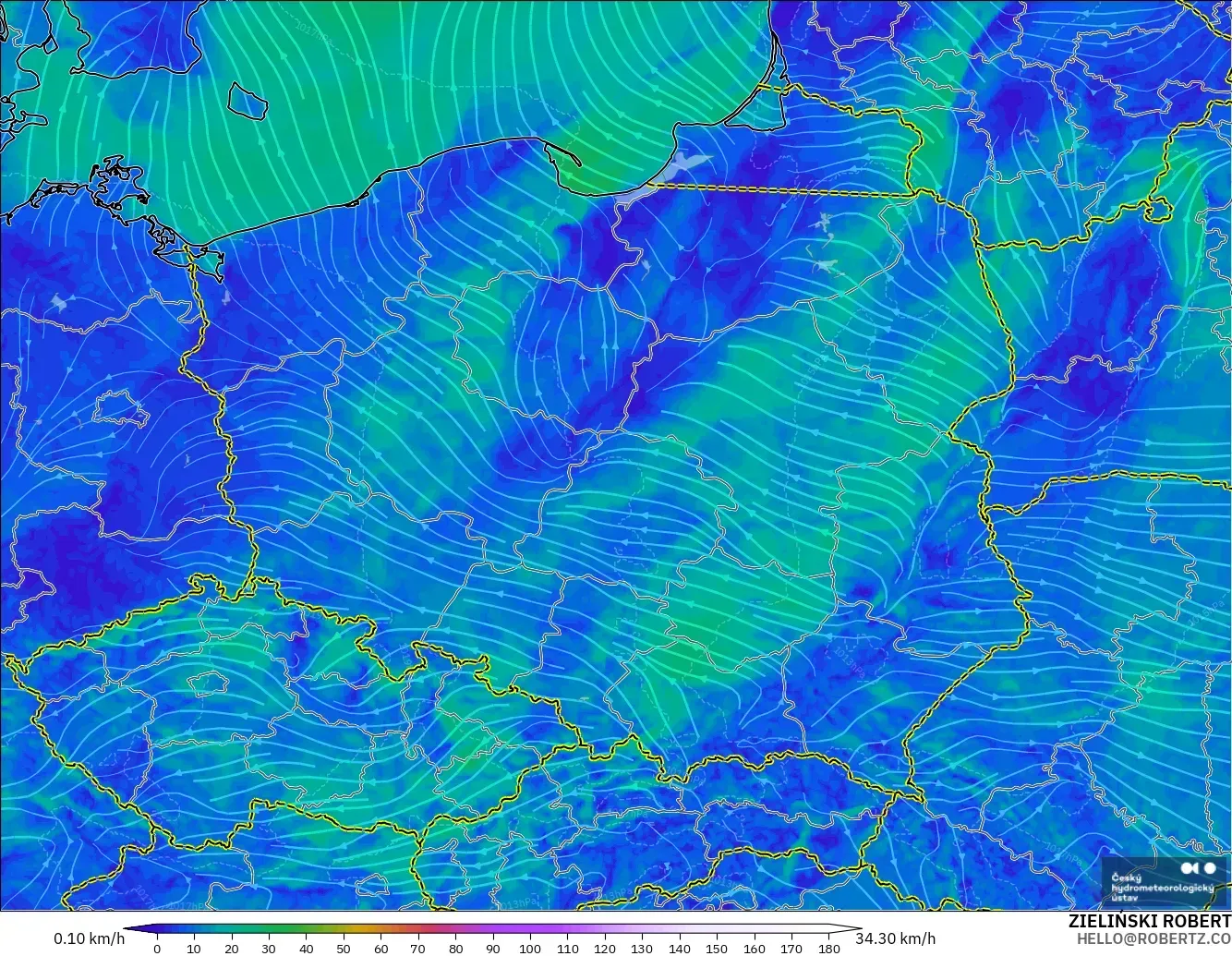 ALADIN CZ 2.3 km modelo - Polonia, Viento a 10 m