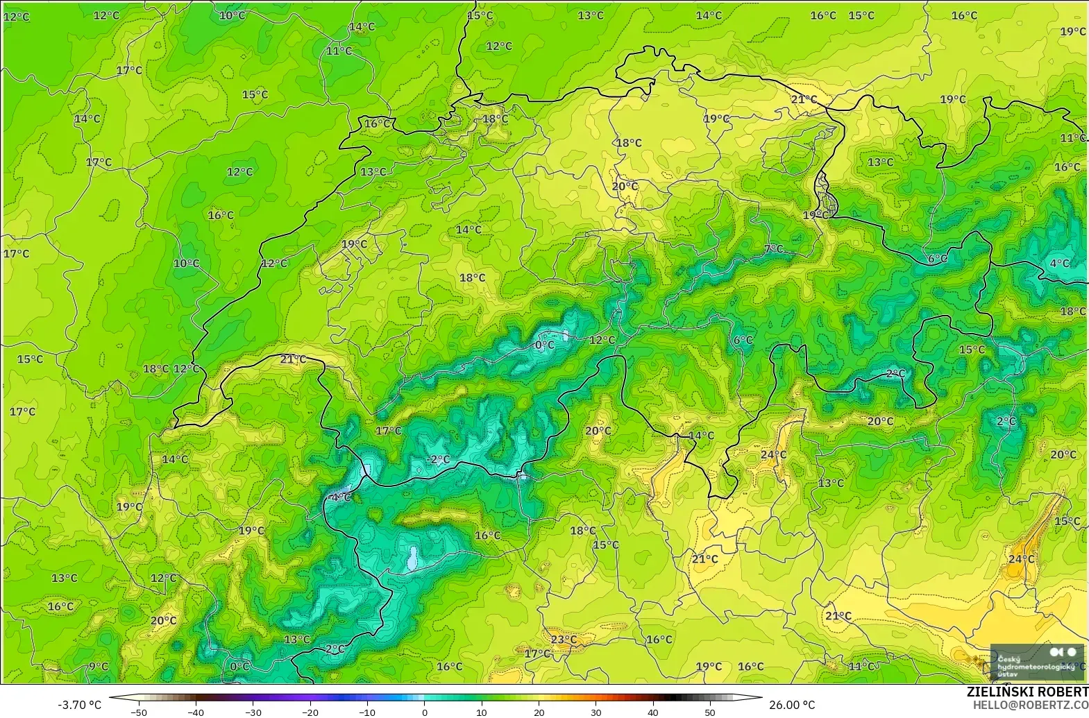 ALADIN CZ 2.3 km modelo - Suiza, Punto de rocío a 2 m