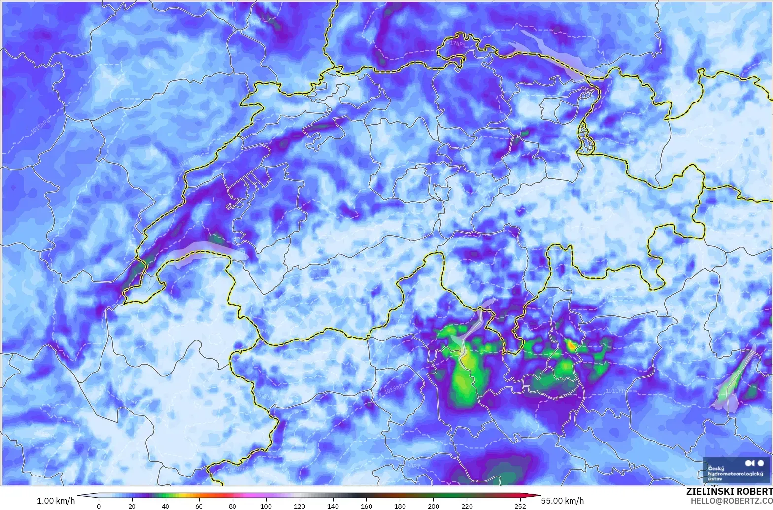 ALADIN CZ 2.3 km modelo - Suiza, Ráfagas de Viento Máximas