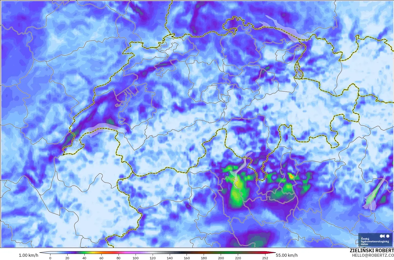 ALADIN CZ 2.3 km modelo - Suiza, Ráfagas de viento