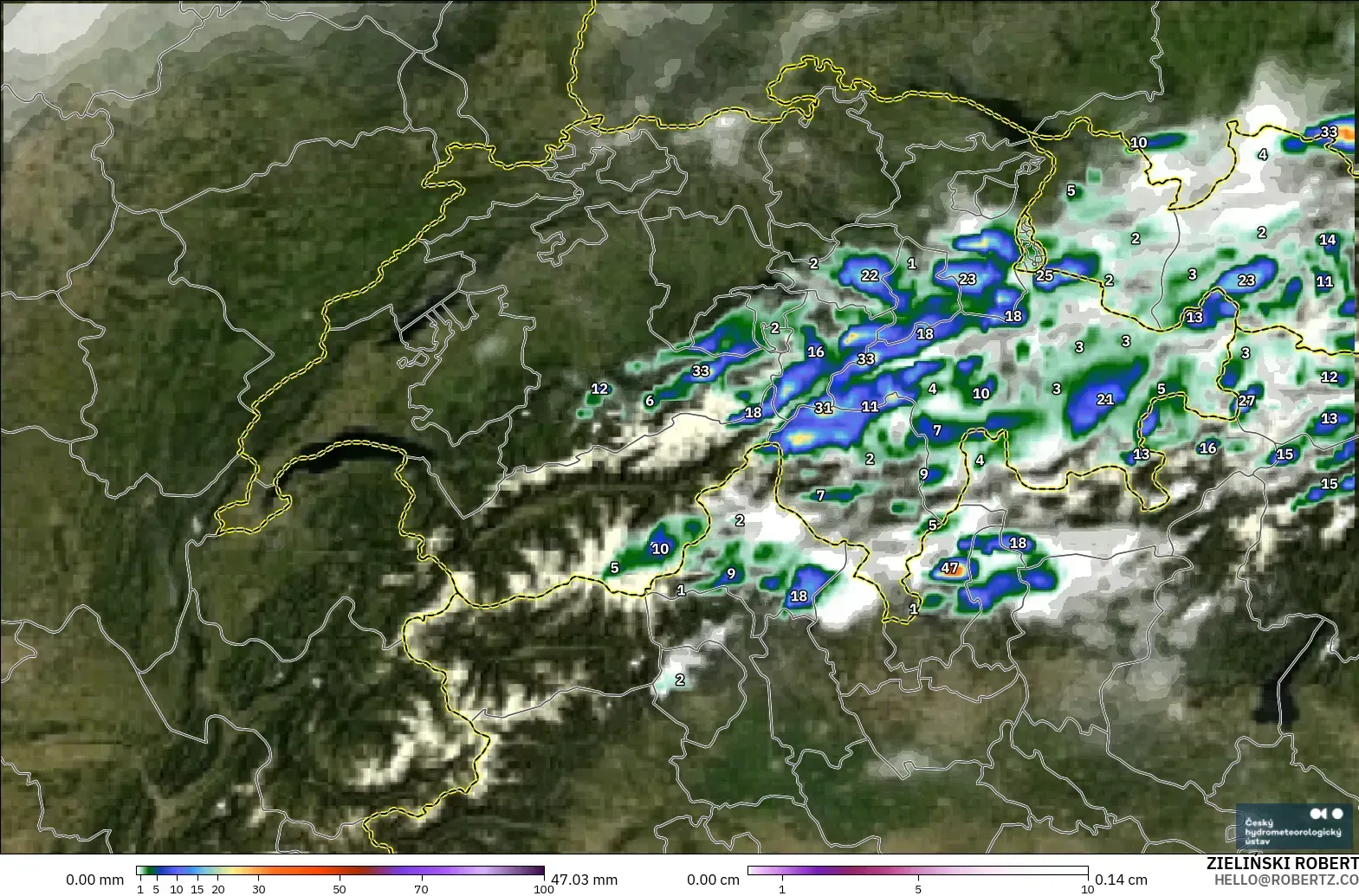 ALADIN CZ 2.3 km modelo - Suiza, Precipitación, nubes y presión