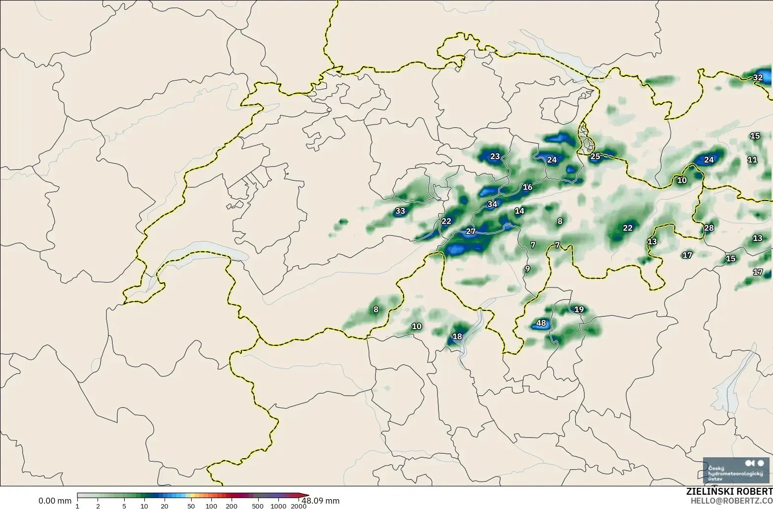 ALADIN CZ 2.3 km modelo - Suiza, Acumulación de precipitación