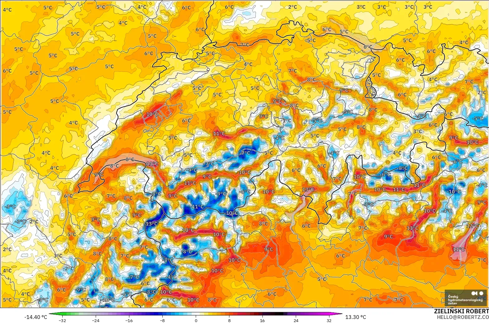 ALADIN CZ 2.3 km modelo - Suiza, Anomalía de temperatura a 2 m