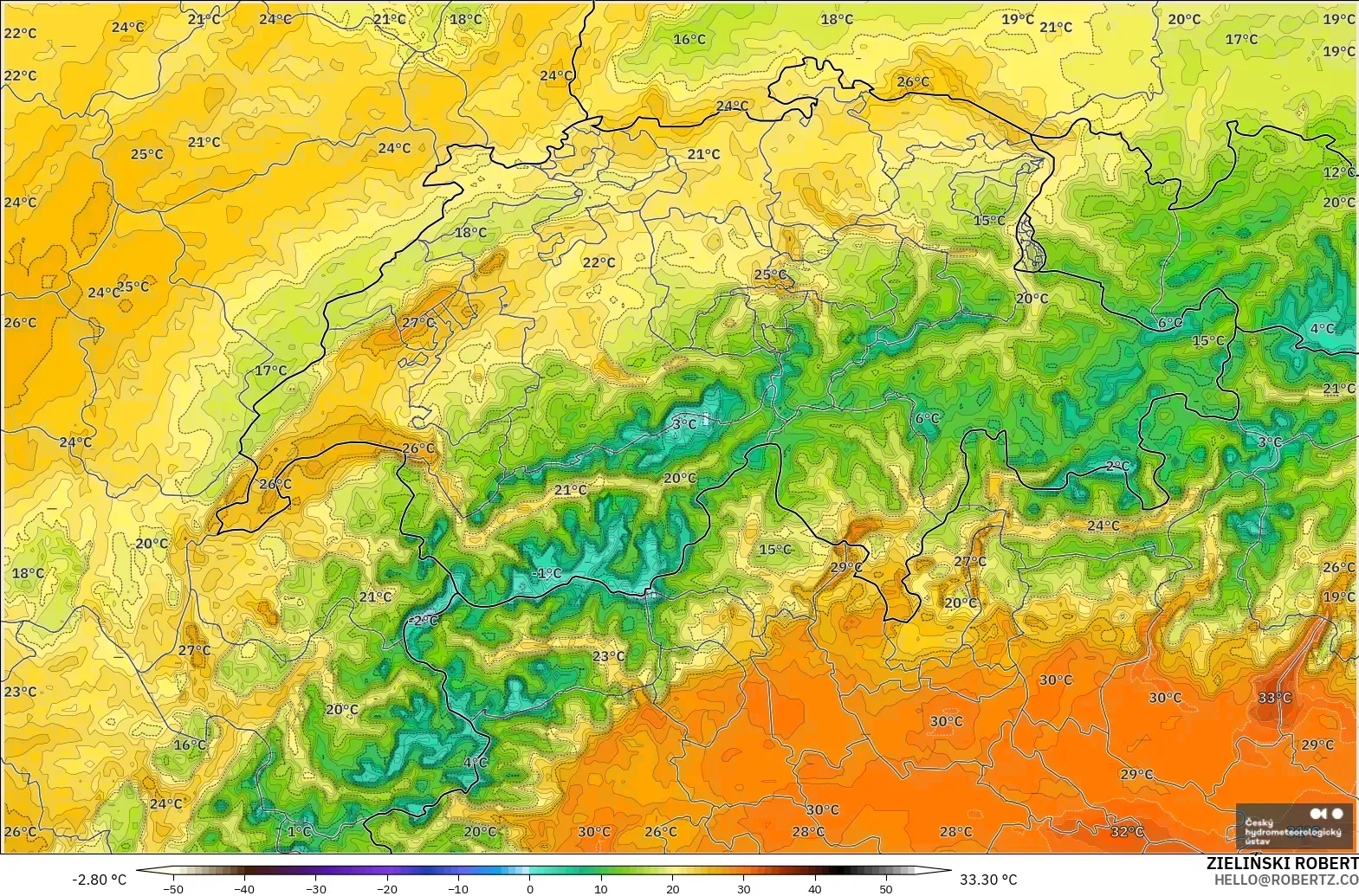 ALADIN CZ 2.3 km modelo - Suiza, Temperatura a 2 m