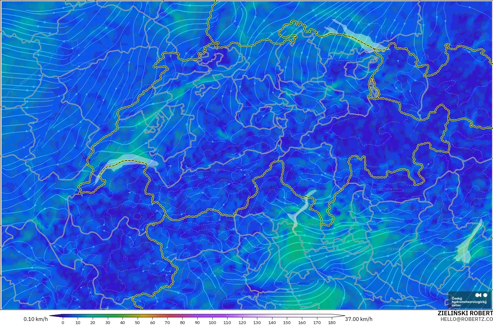 ALADIN CZ 2.3 km modelo - Suiza, Viento a 10 m