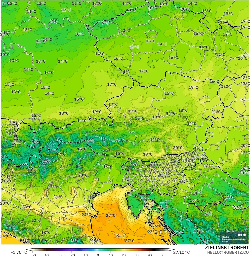ALADIN CZ 2.3 km modelo - Austria, Punto de rocío a 2 m