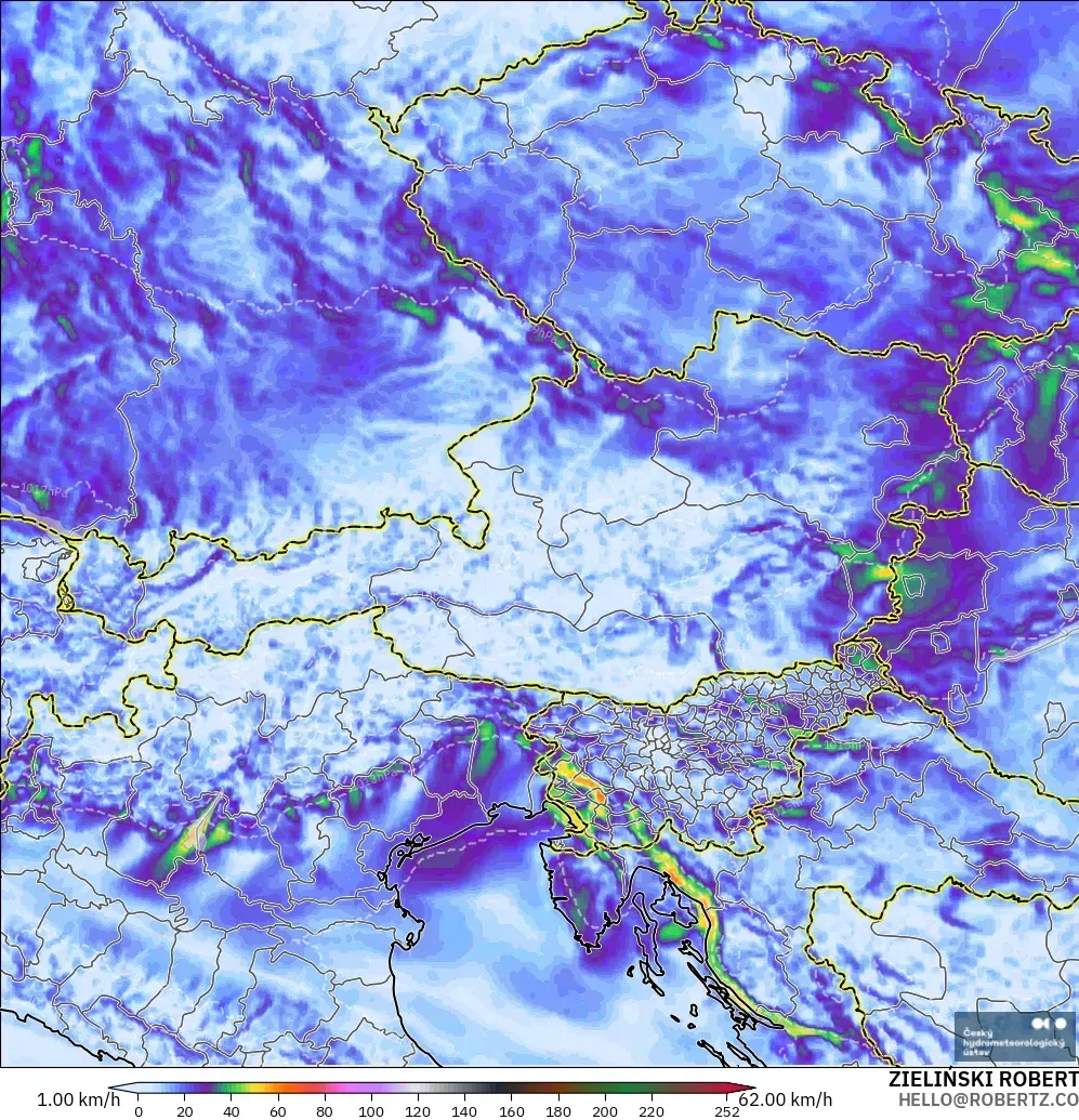 ALADIN CZ 2.3 km modelo - Austria, Ráfagas de Viento Máximas