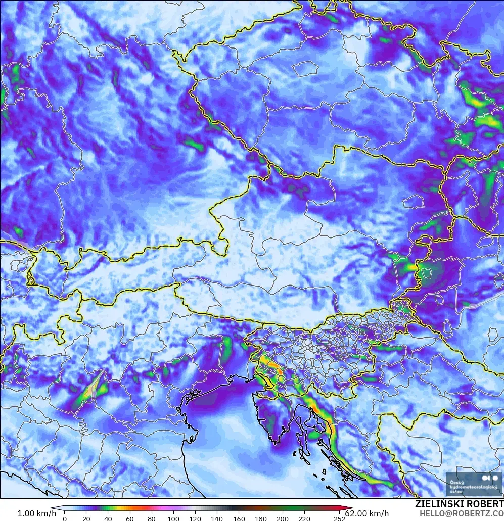 ALADIN CZ 2.3 km modelo - Austria, Ráfagas de viento
