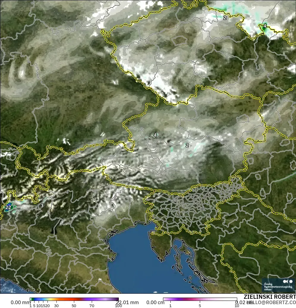 ALADIN CZ 2.3 km modelo - Austria, Precipitación, nubes y presión