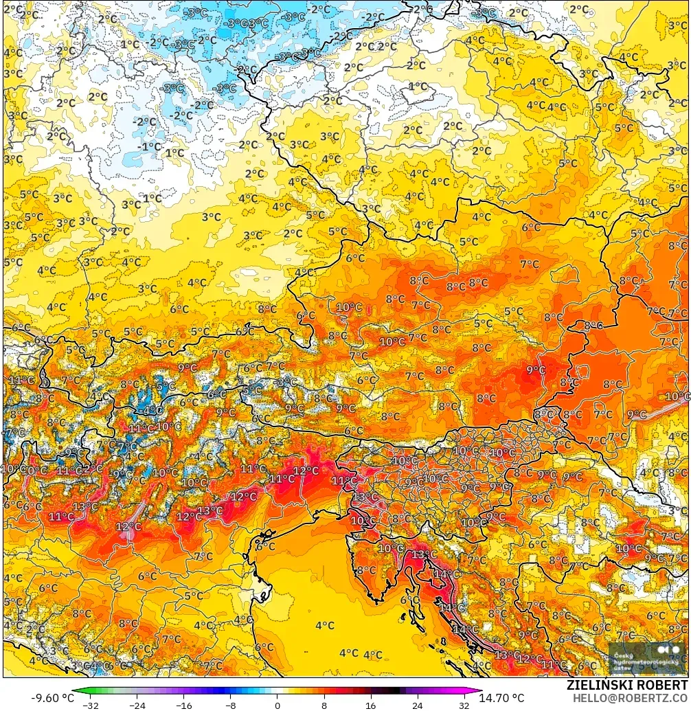 ALADIN CZ 2.3 km modelo - Austria, Anomalía de temperatura a 2 m
