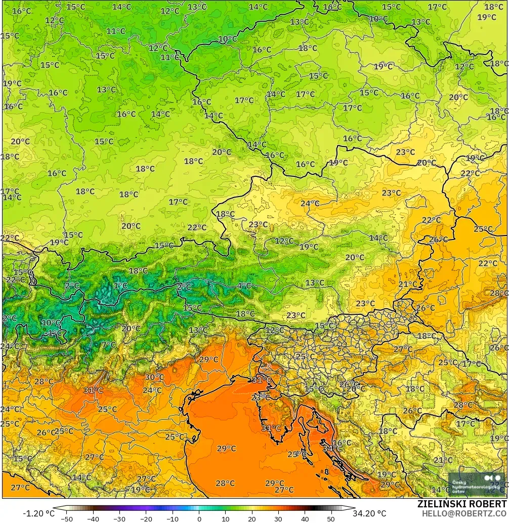 ALADIN CZ 2.3 km modelo - Austria, Temperatura a 2 m