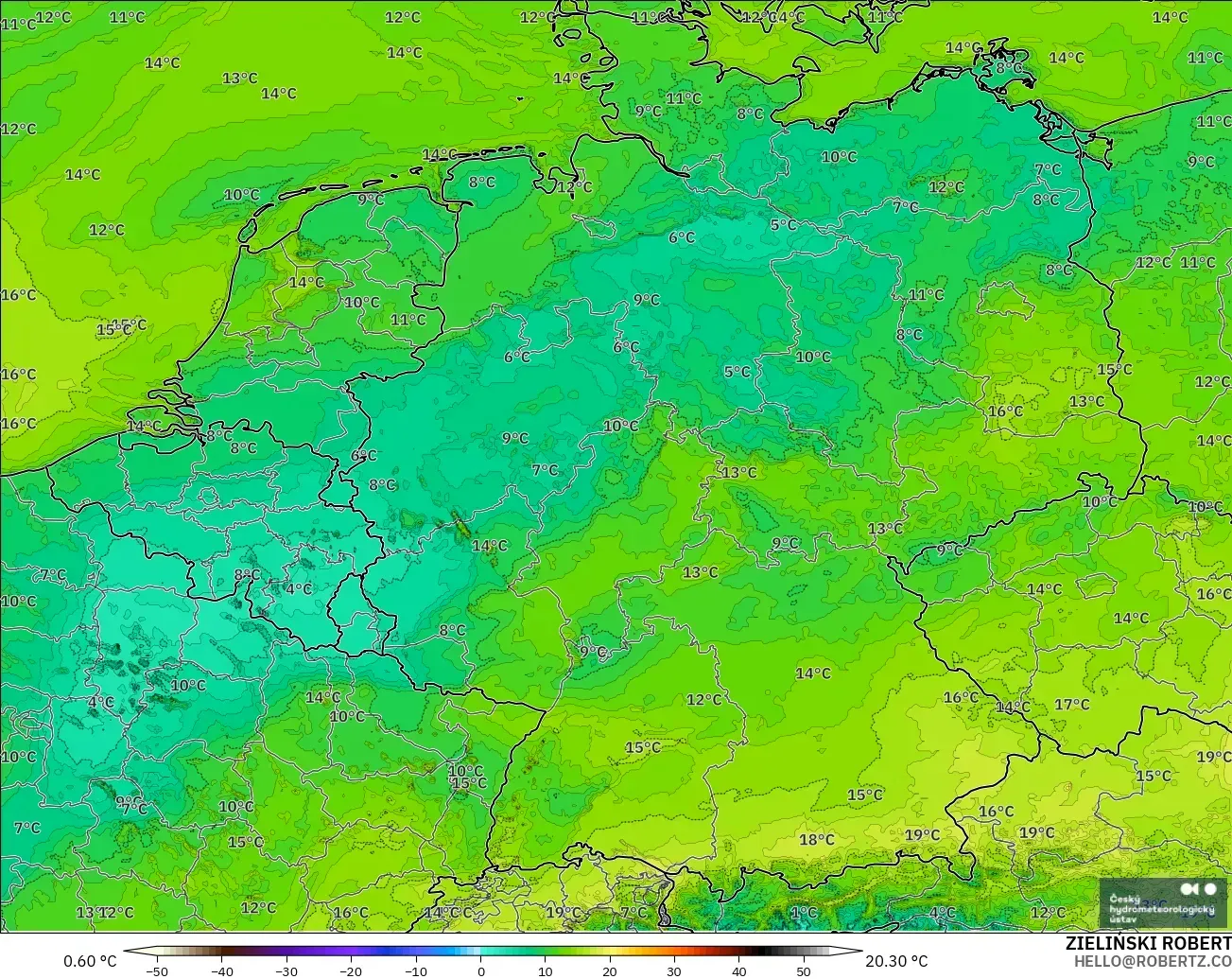 ALADIN CZ 2.3 km modelo - Alemania, Punto de rocío a 2 m