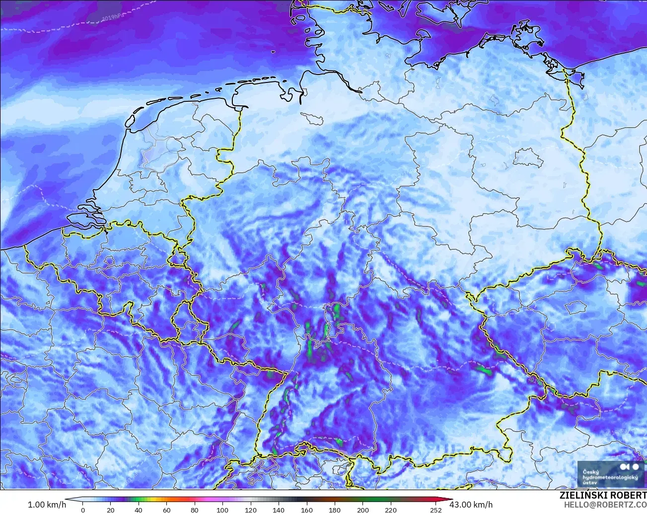 ALADIN CZ 2.3 km modelo - Alemania, Ráfagas de Viento Máximas