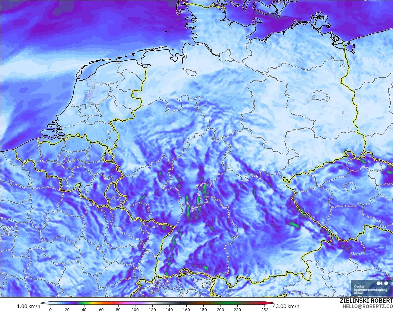 ALADIN CZ 2.3 km modelo - Alemania, Ráfagas de viento