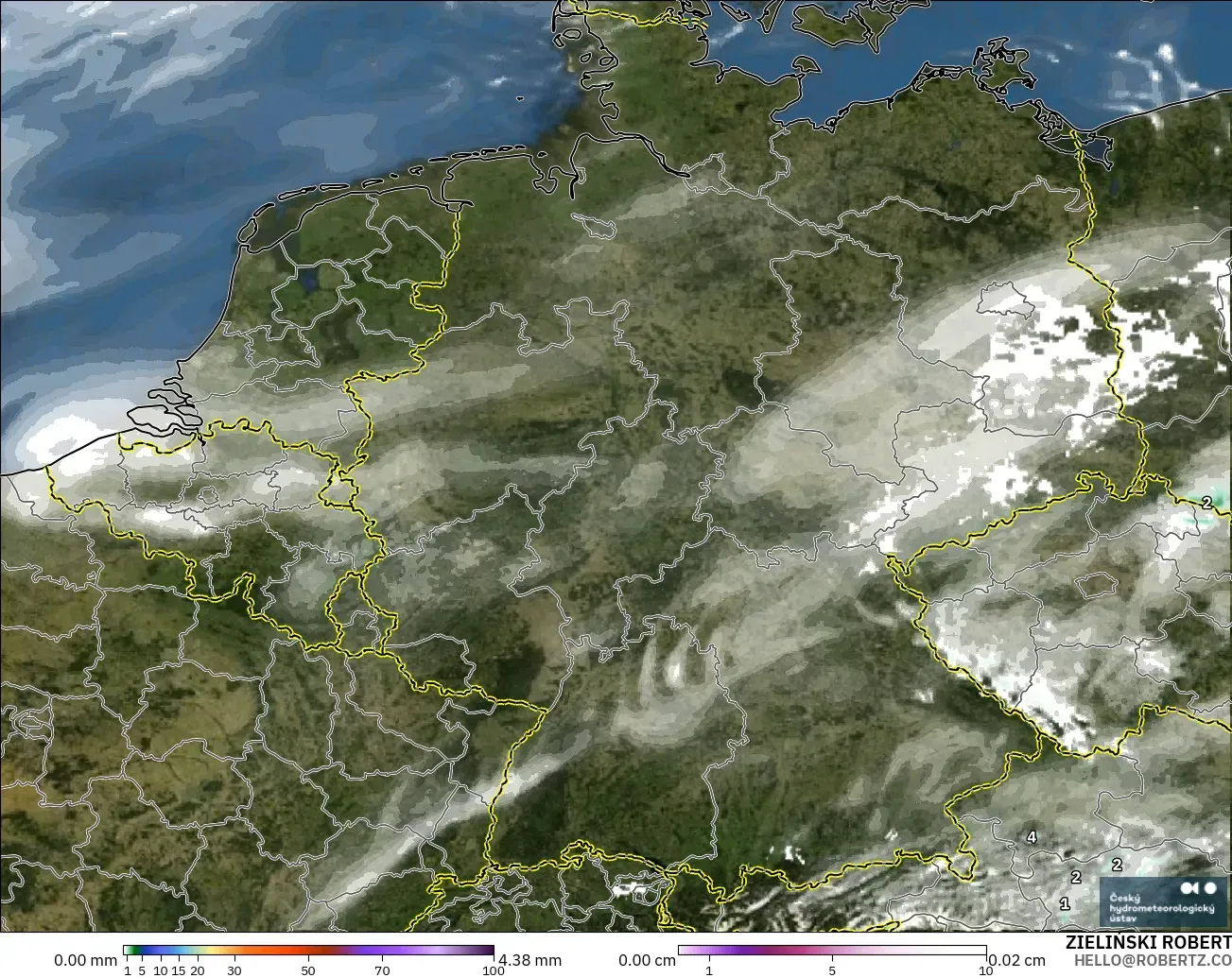 ALADIN CZ 2.3 km modelo - Alemania, Precipitación, nubes y presión