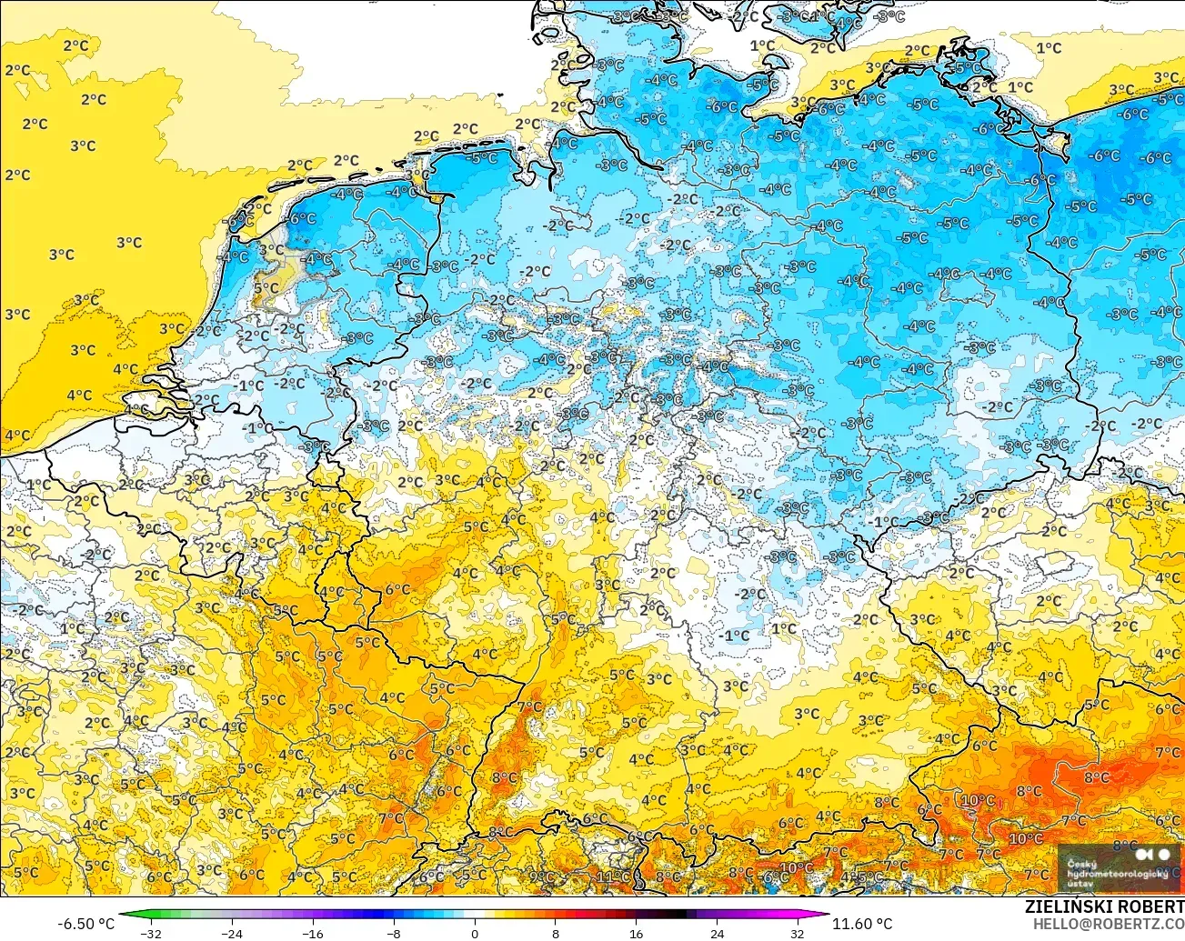 ALADIN CZ 2.3 km modelo - Alemania, Anomalía de temperatura a 2 m