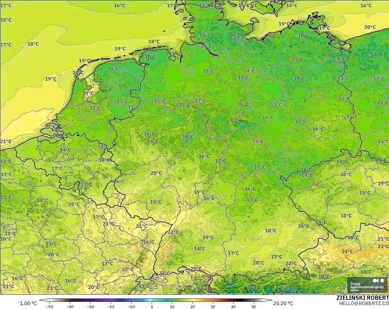 ALADIN CZ 2.3 km modelo - Alemania, Temperatura a 2 m