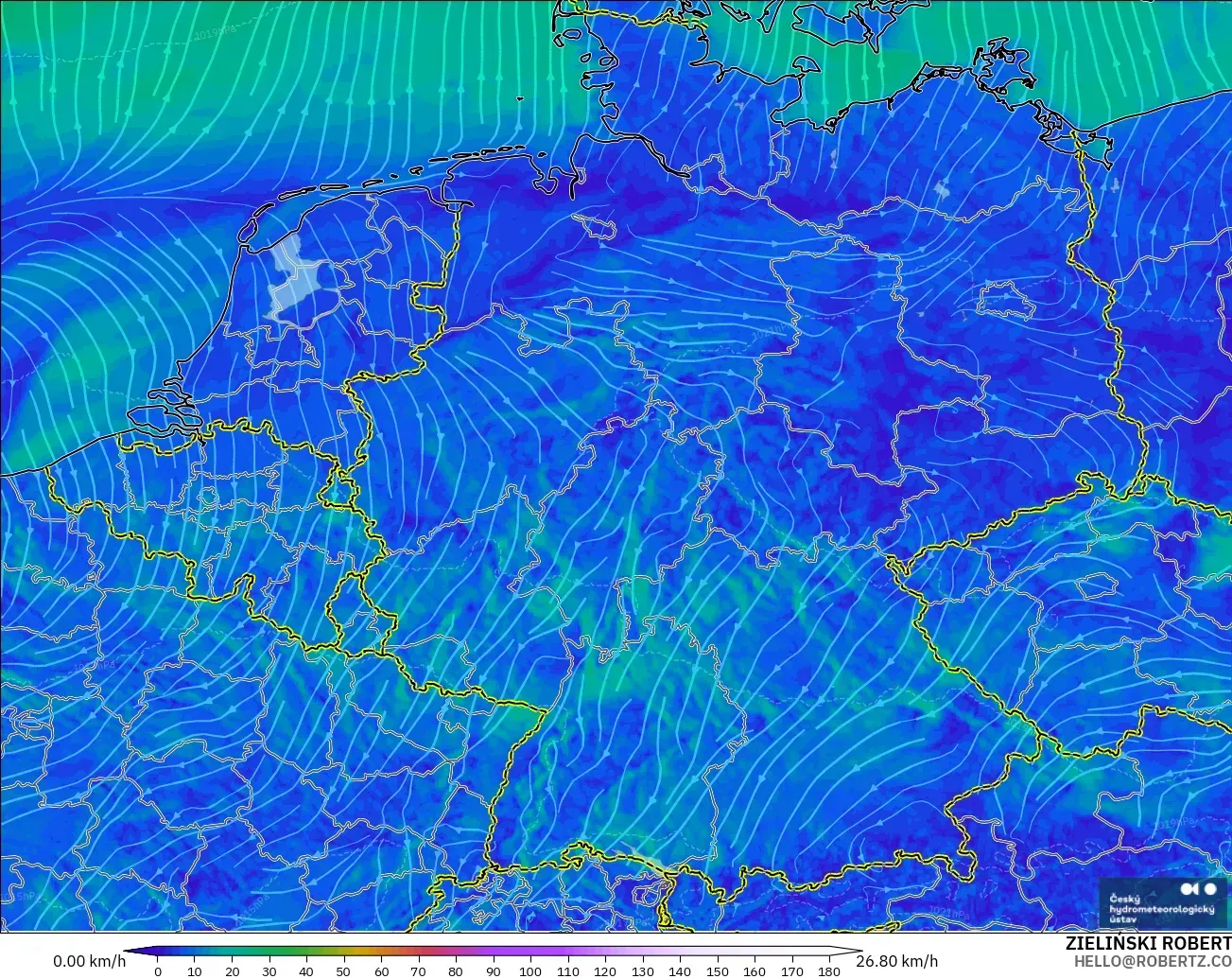 ALADIN CZ 2.3 km modelo - Alemania, Viento a 10 m