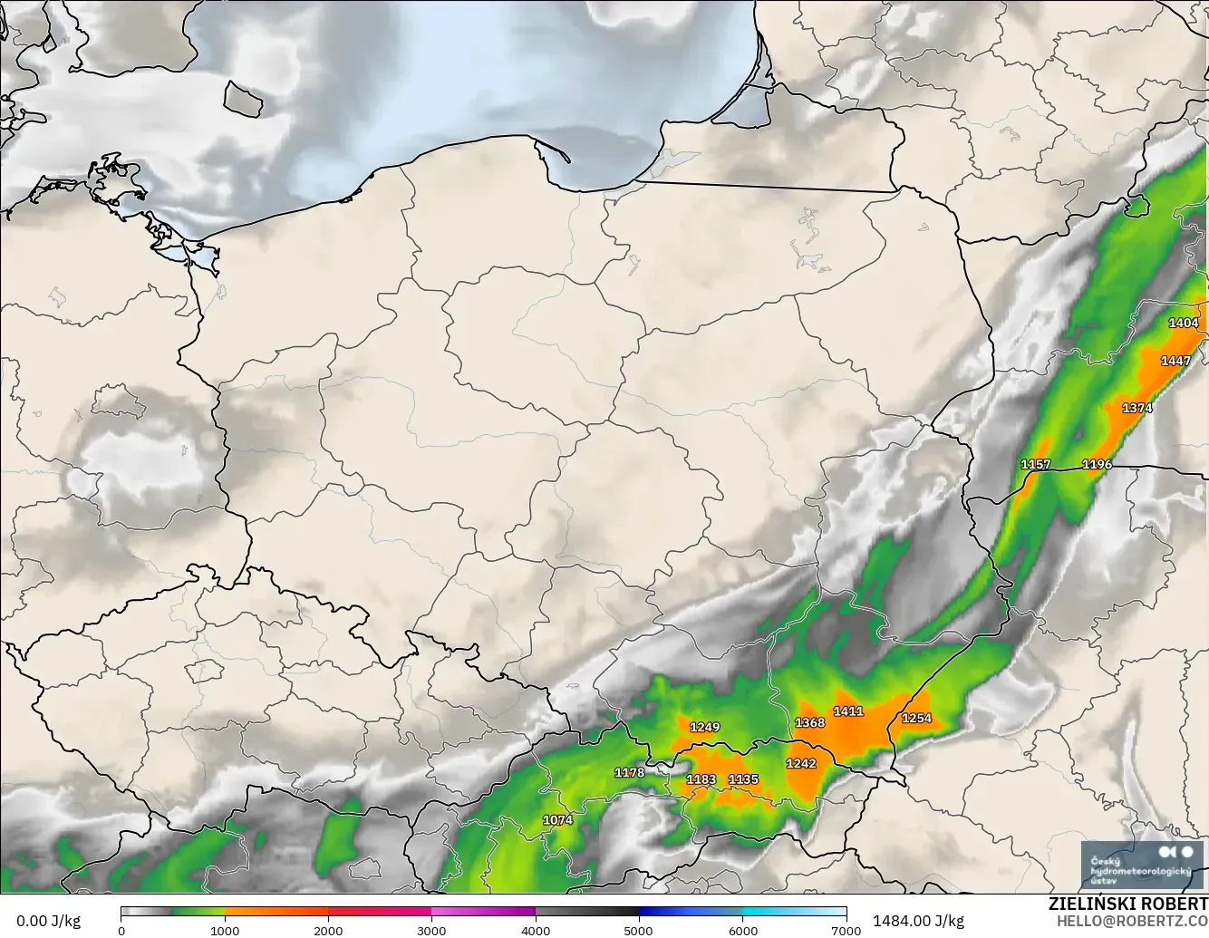ALADIN CZ 2.3 km modelo - Polonia, CAPE