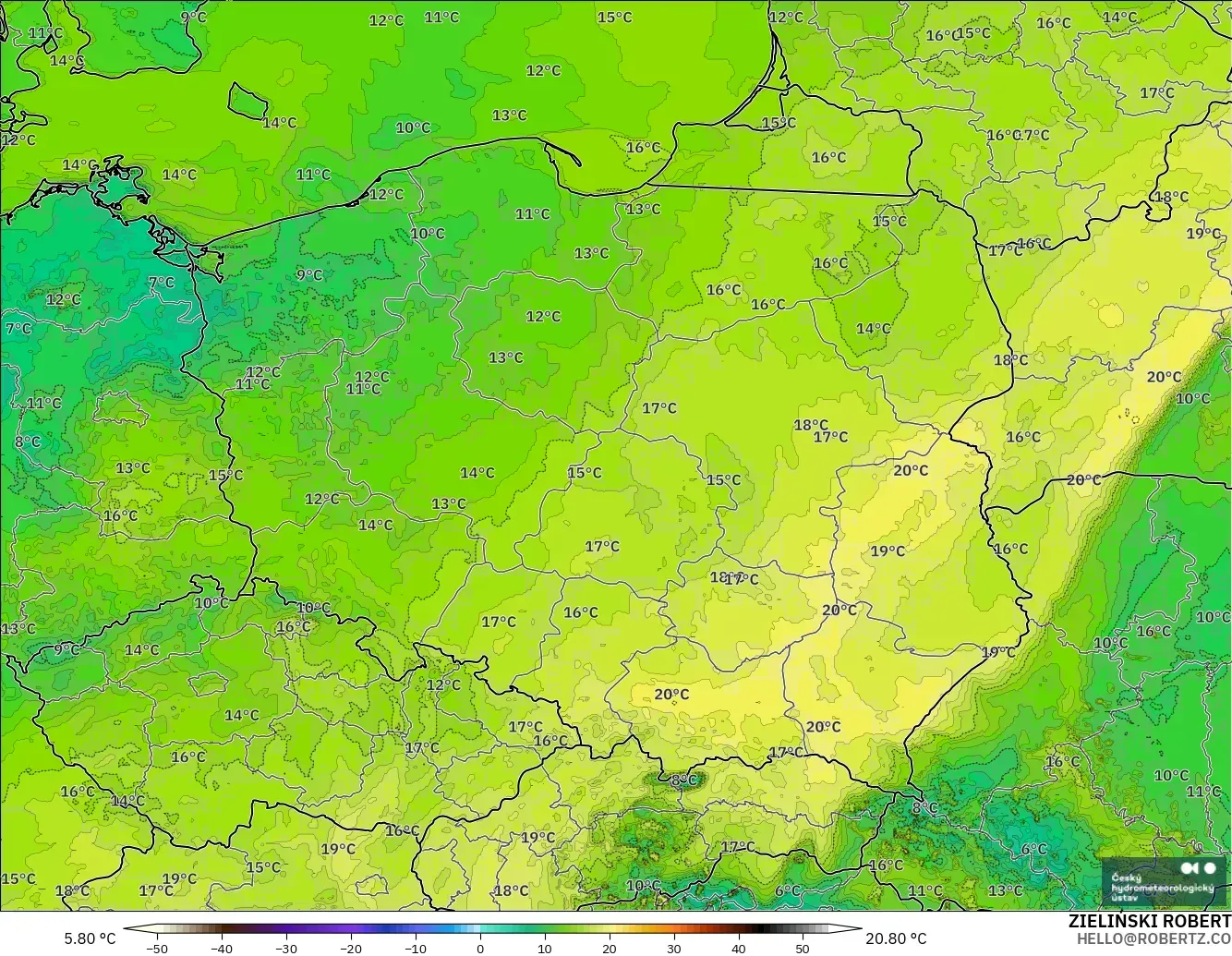 ALADIN CZ 2.3 km modelo - Polonia, Punto de rocío a 2 m