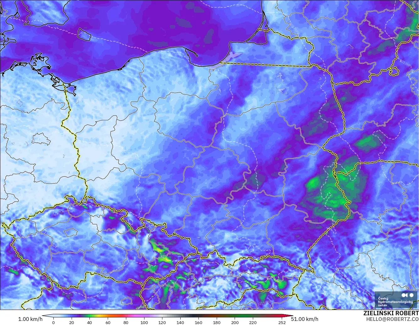 ALADIN CZ 2.3 km modelo - Polonia, Ráfagas de Viento Máximas