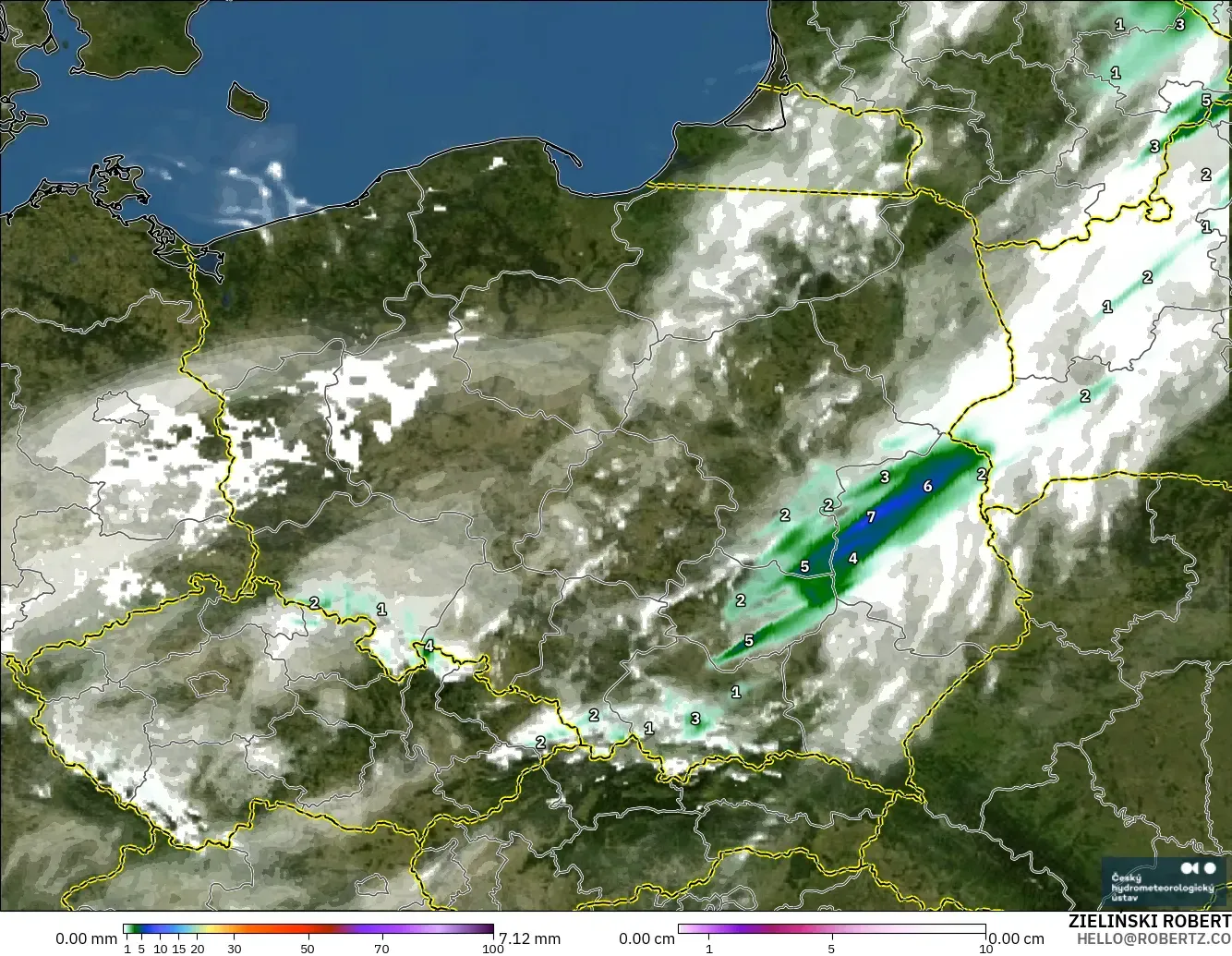 ALADIN CZ 2.3 km modelo - Polonia, Precipitación, nubes y presión