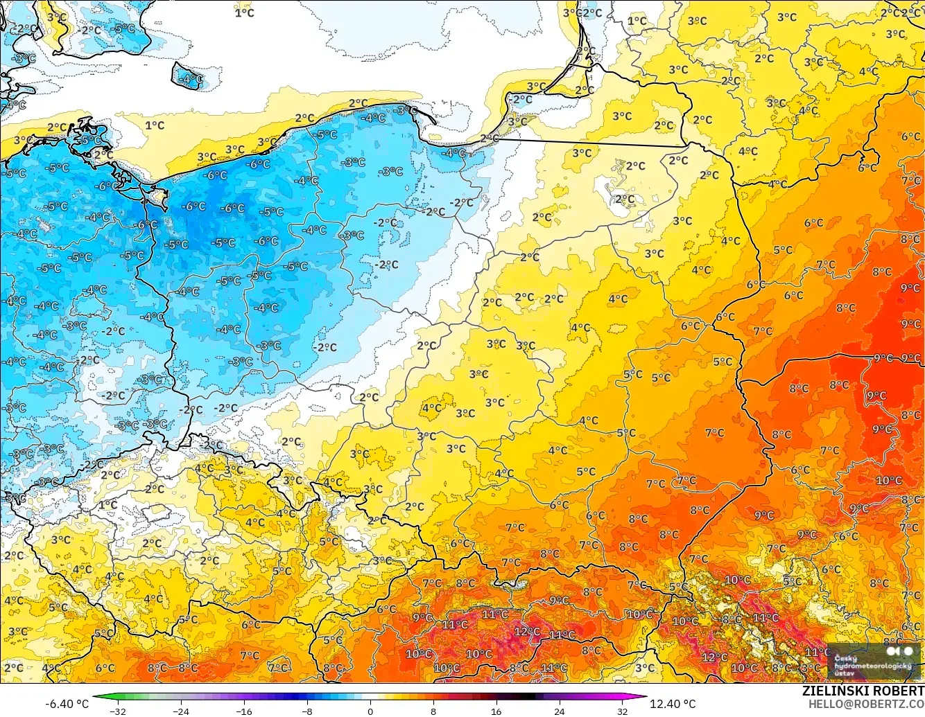 ALADIN CZ 2.3 km modelo - Polonia, Anomalía de temperatura a 2 m