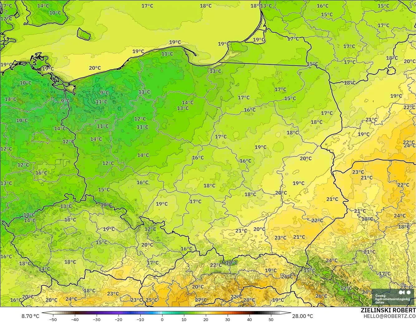 ALADIN CZ 2.3 km modelo - Polonia, Temperatura a 2 m