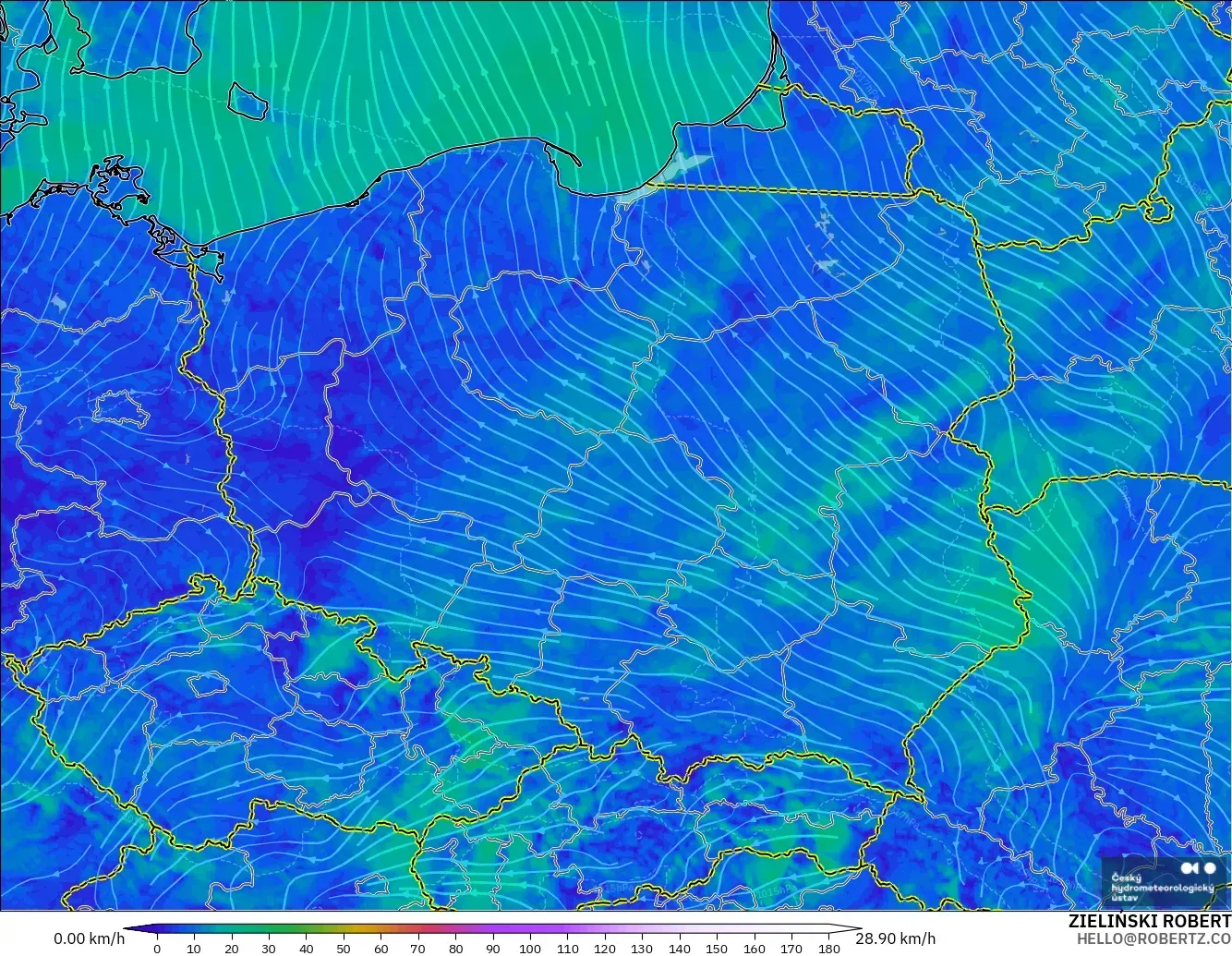 ALADIN CZ 2.3 km modelo - Polonia, Viento a 10 m