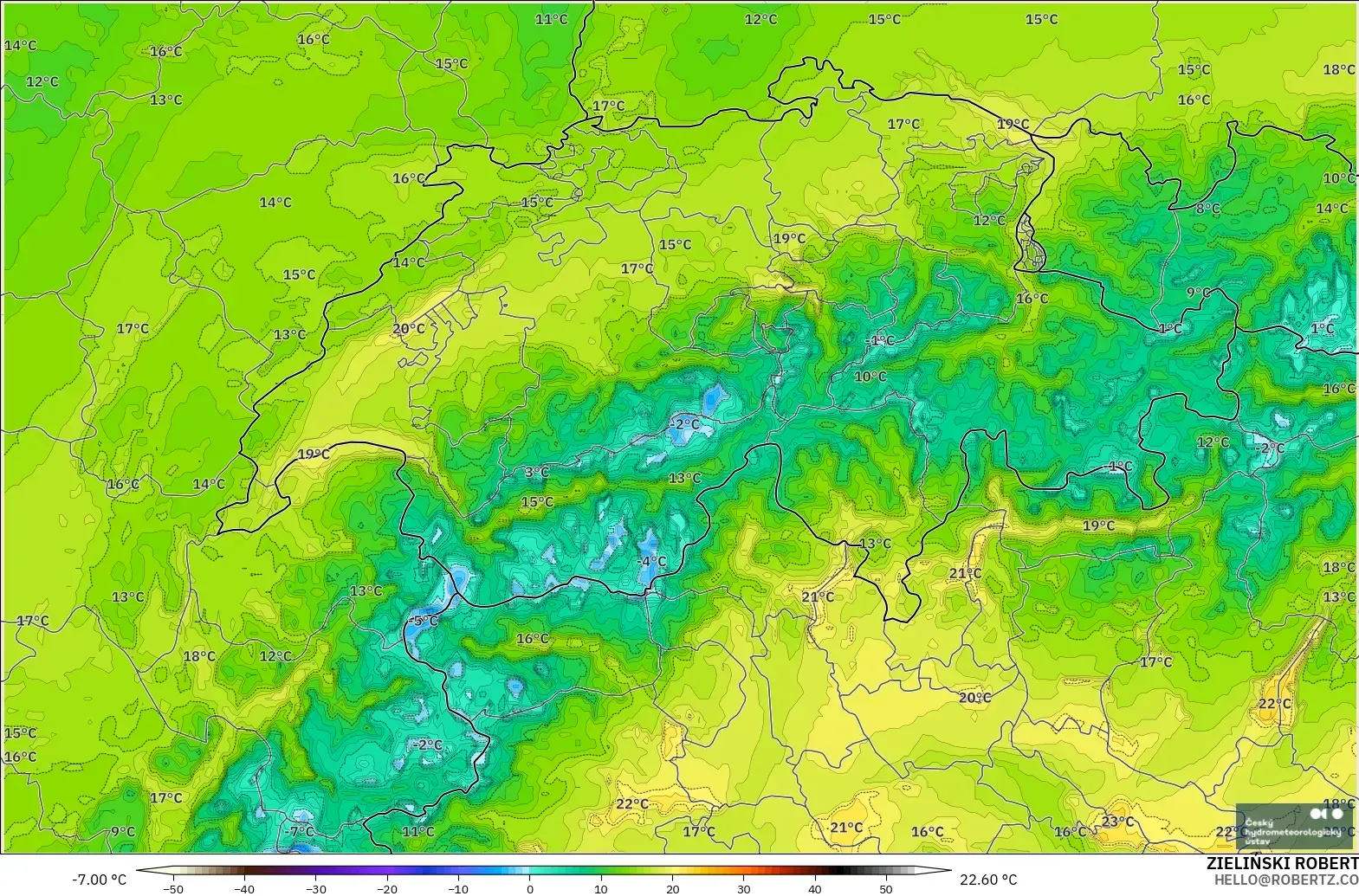 ALADIN CZ 2.3 km modelo - Suiza, Punto de rocío a 2 m